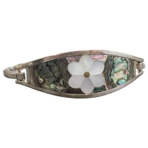 Vintage Alpaca Mexico Abalone Inlay Bangle Bracelet with Mother-of-Pearl Flower